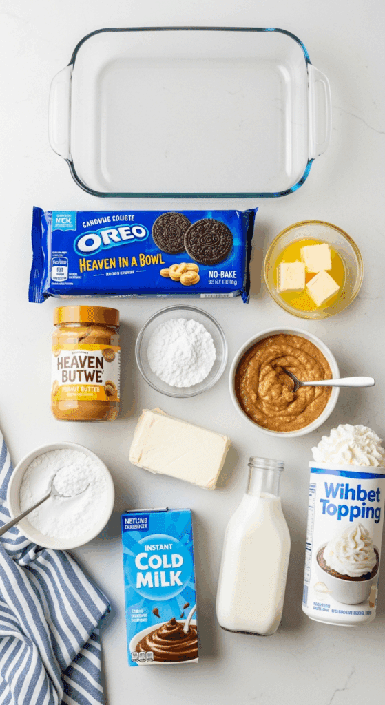 Ingredients for Heaven in a Bowl dessert: chocolate cookies, peanut butter, cream cheese, chocolate pudding mix, and whipped topping.