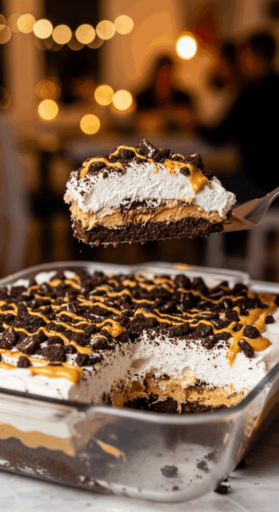 Glass baking dish of Heaven in a Bowl dessert being served with a spatula, garnished with cookies.