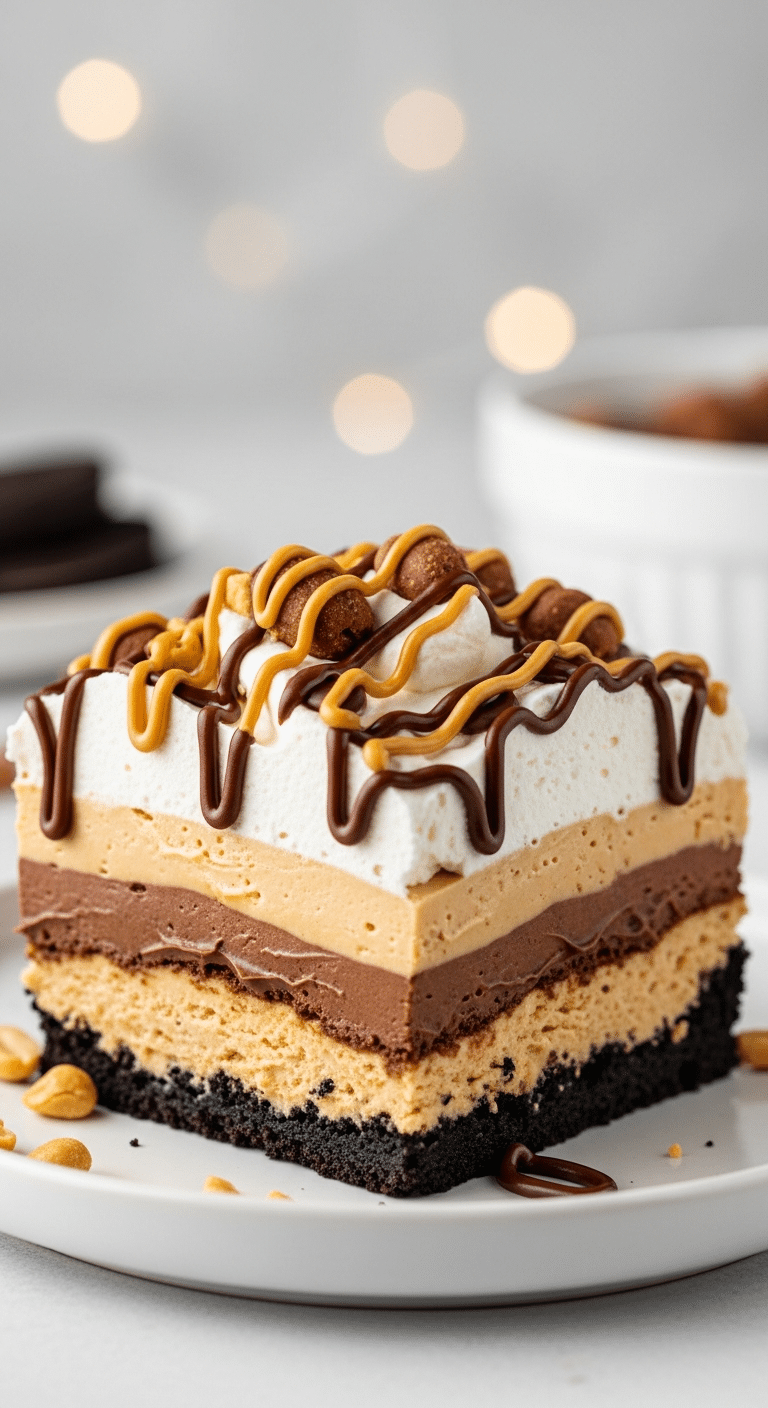 Slice of no-bake peanut butter chocolate dream dessert showing layers of crust, peanut butter cream, pudding, and whipped topping.