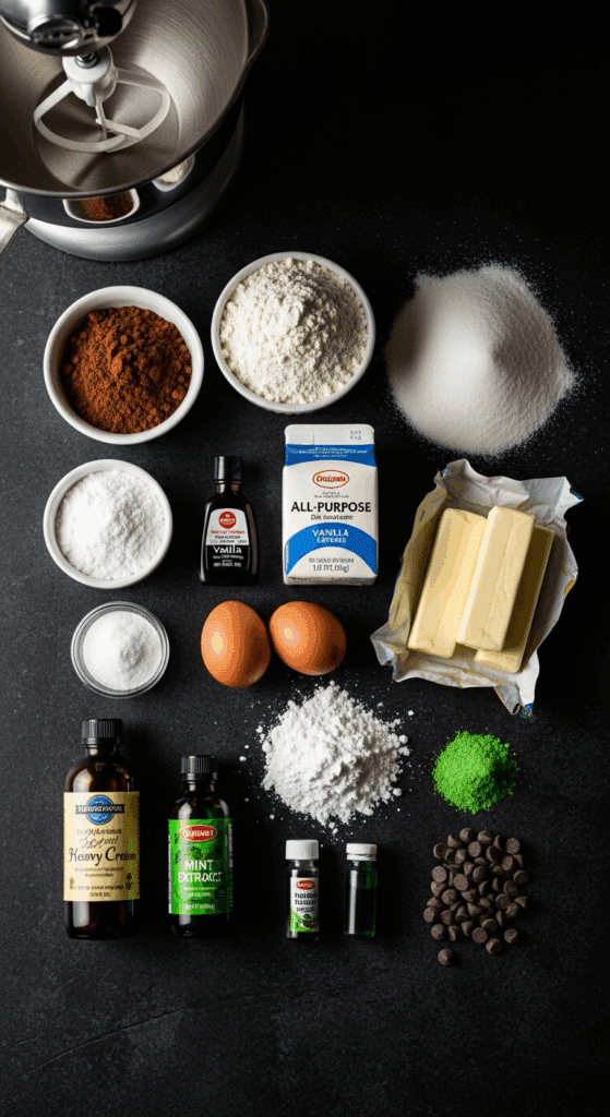 Ingredients for Mint Brownies: cocoa powder, flour, sugars, butter, eggs, mint extract, and chocolate chips.