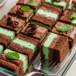 Glass baking dish of 3-layer mint brownies cut into squares.