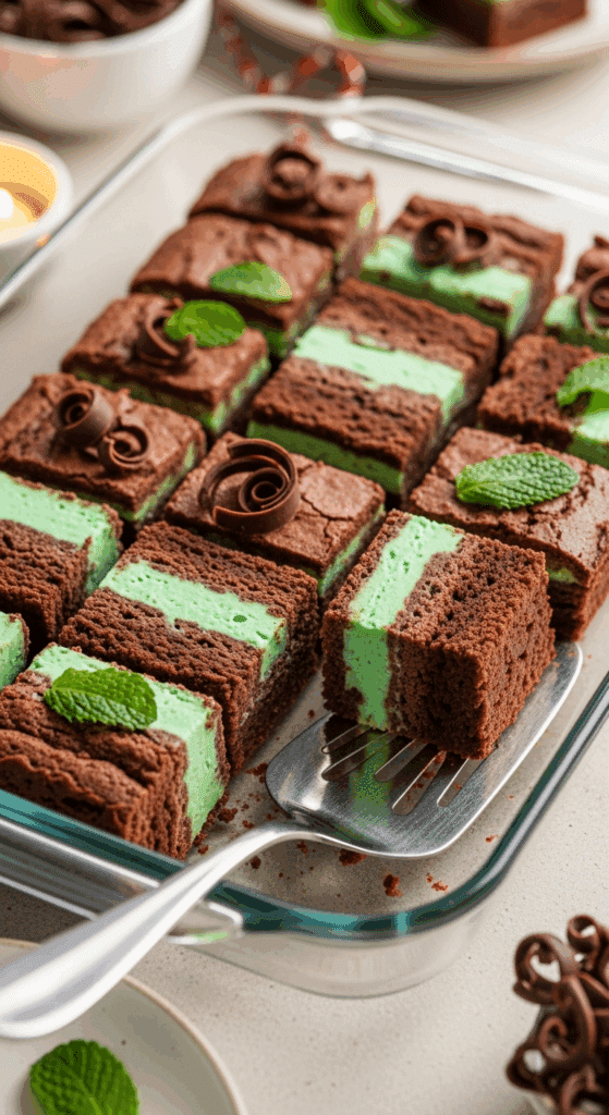 Glass baking dish of 3-layer mint brownies cut into squares.