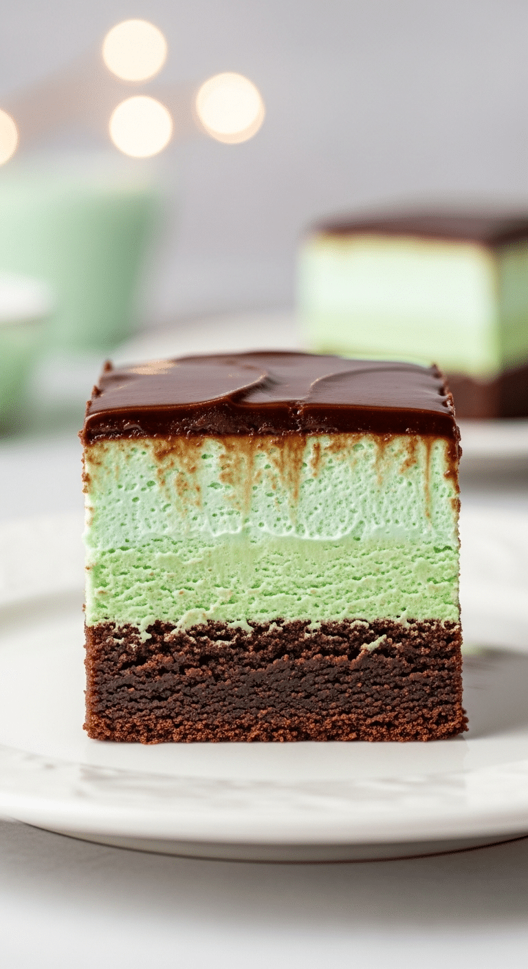 Slice of 3-layer mint brownie showing fudgy base, green mint frosting, and chocolate ganache.