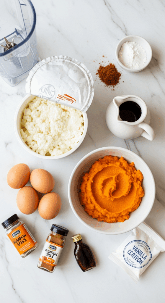 Ingredients for Pumpkin Cottage Cheese Bake: cottage cheese, pumpkin puree, eggs, spices, and sweetener.