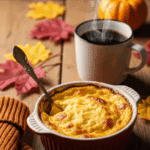 Ramekin of Pumpkin Cottage Cheese Bake served with coffee on a wooden table.