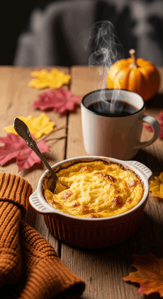 Ramekin of Pumpkin Cottage Cheese Bake served with coffee on a wooden table.