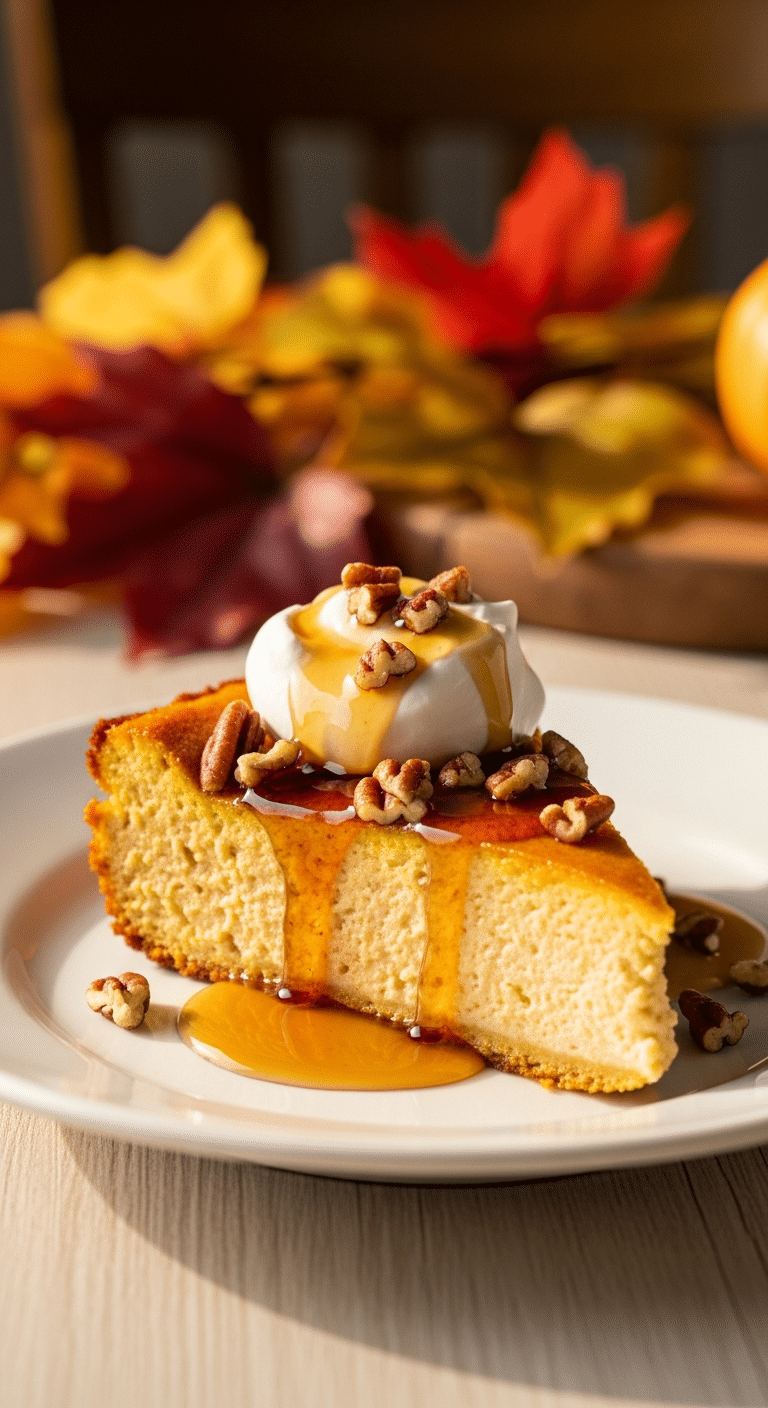 Slice of creamy Pumpkin Cottage Cheese Bake topped with whipped cream and pecans.