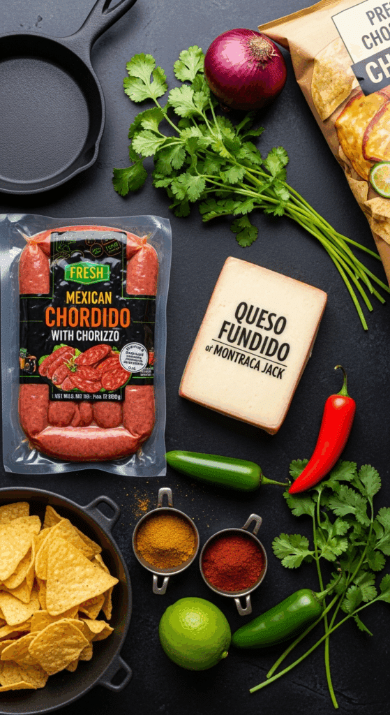 Ingredients for Queso Fundido: Mexican chorizo, Oaxaca cheese, onion, jalapeños, cilantro, and tortilla chips.