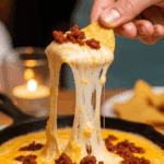 Hand scooping stringy Queso Fundido with chorizo from a skillet with a tortilla chip.