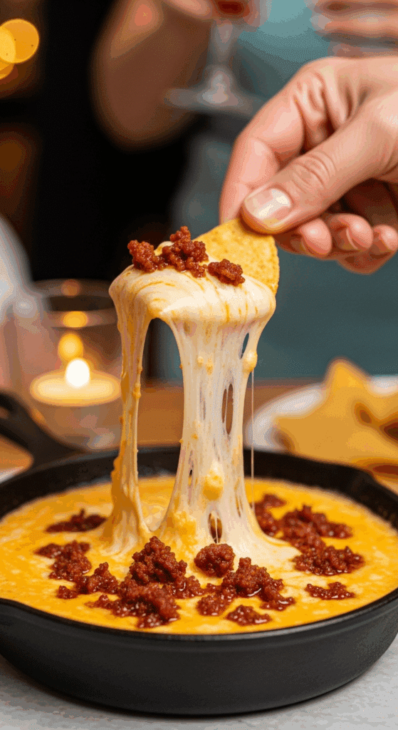 Hand scooping stringy Queso Fundido with chorizo from a skillet with a tortilla chip.