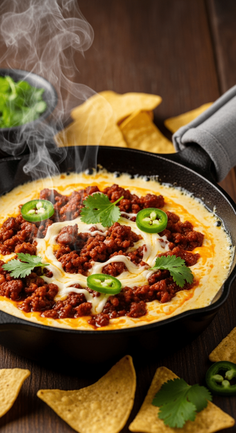 Bubbling cast iron skillet of Queso Fundido with chorizo, melted cheese, and cilantro, served with tortilla chips.