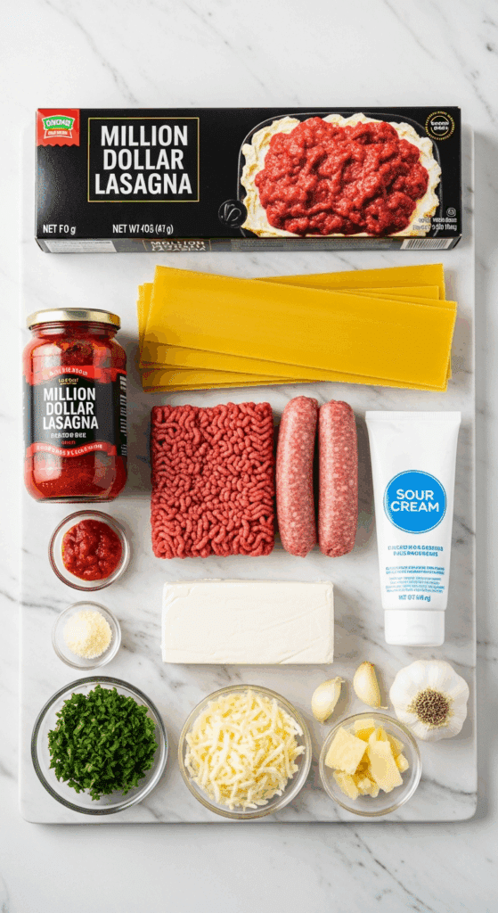 Ingredients for Million Dollar Lasagna: noodles, meat, marinara, cream cheese, sour cream, and mozzarella.