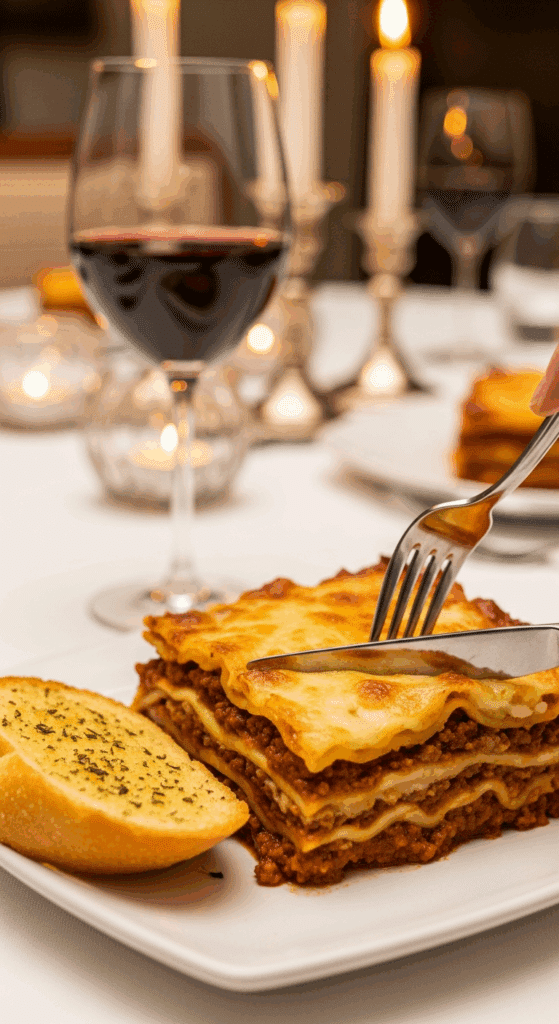 Plated slice of Million Dollar Lasagna with garlic bread and red wine.