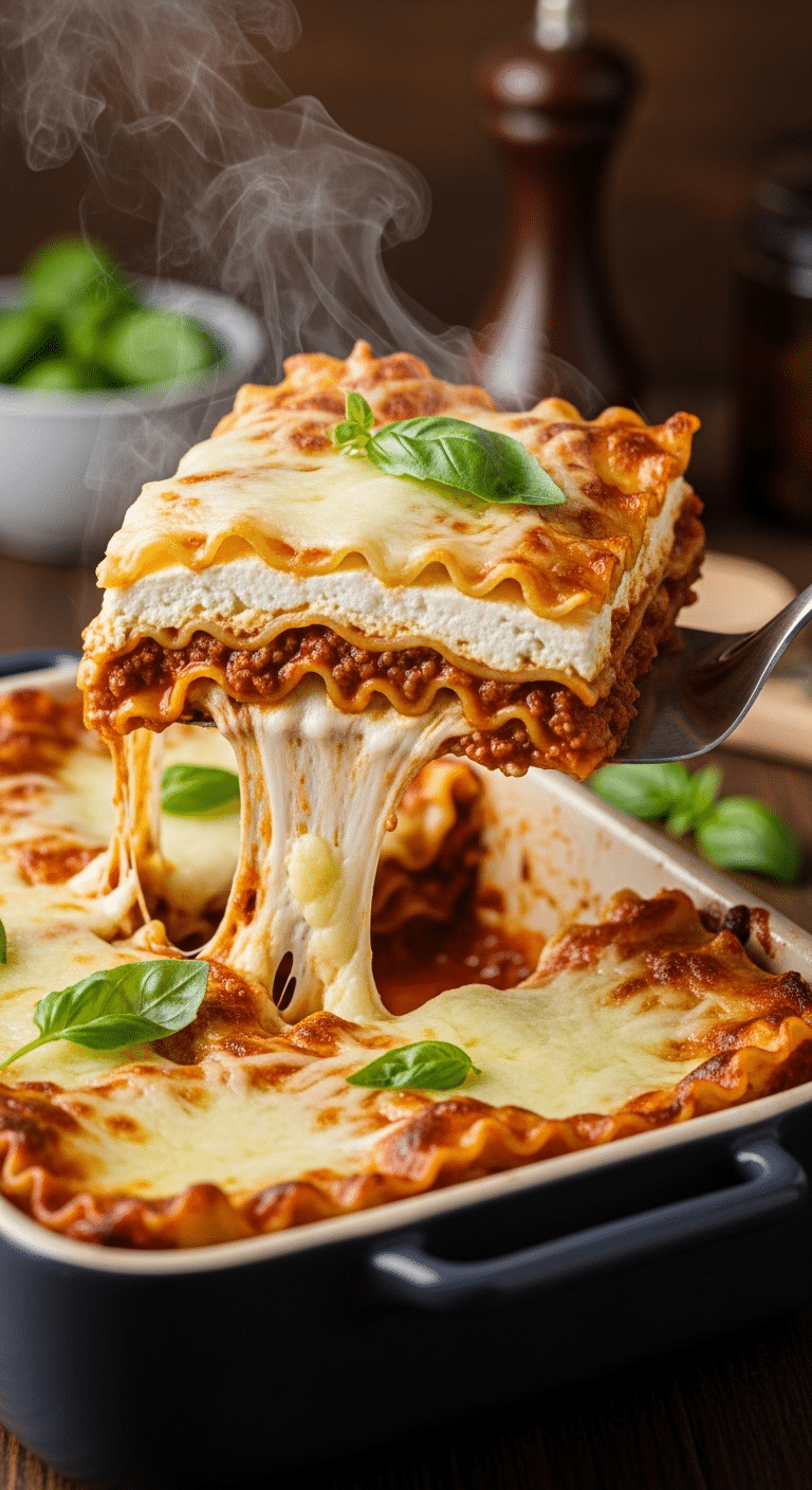 Slice of Million Dollar Lasagna being lifted from the pan, showing thick creamy cheese layers and meat sauce.