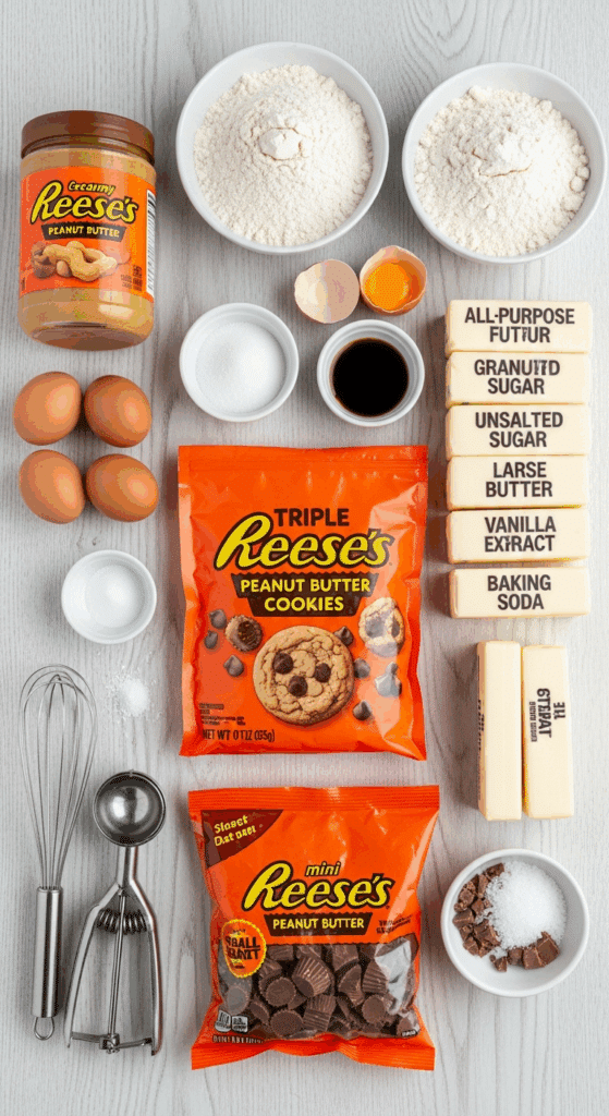 Ingredients for Triple Reese's Peanut Butter Cookies: peanut butter, flour, sugars, butter, eggs, Reese's chips, and mini Reese's cups.