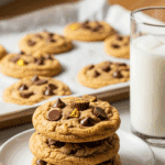 Stack of Triple Reese's Peanut Butter Cookies next to a glass of cold milk.
