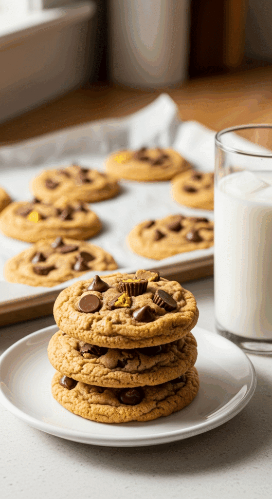 Stack of Triple Reese's Peanut Butter Cookies next to a glass of cold milk.