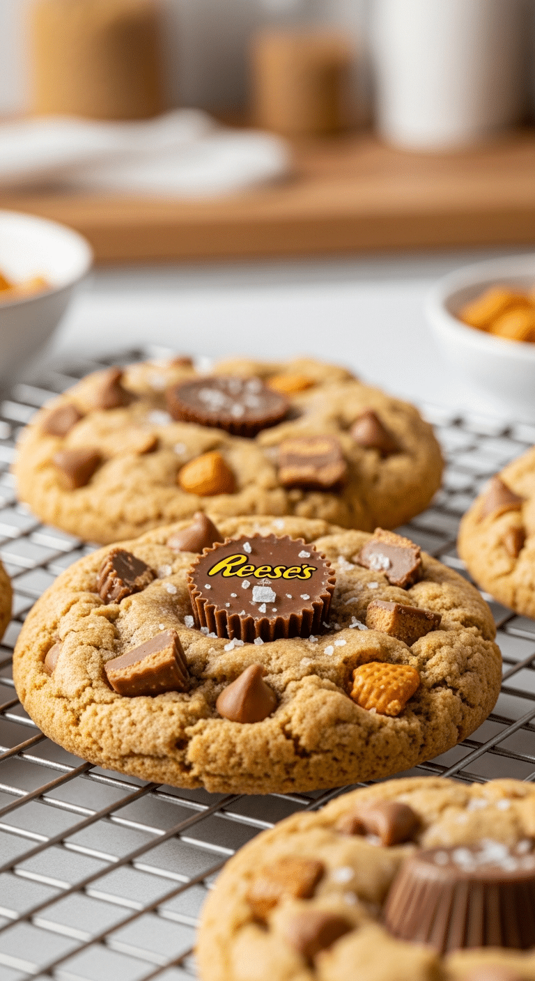 Warm Triple Reese's Peanut Butter Cookie with melted chips, chopped cups, and a whole mini cup in the center.